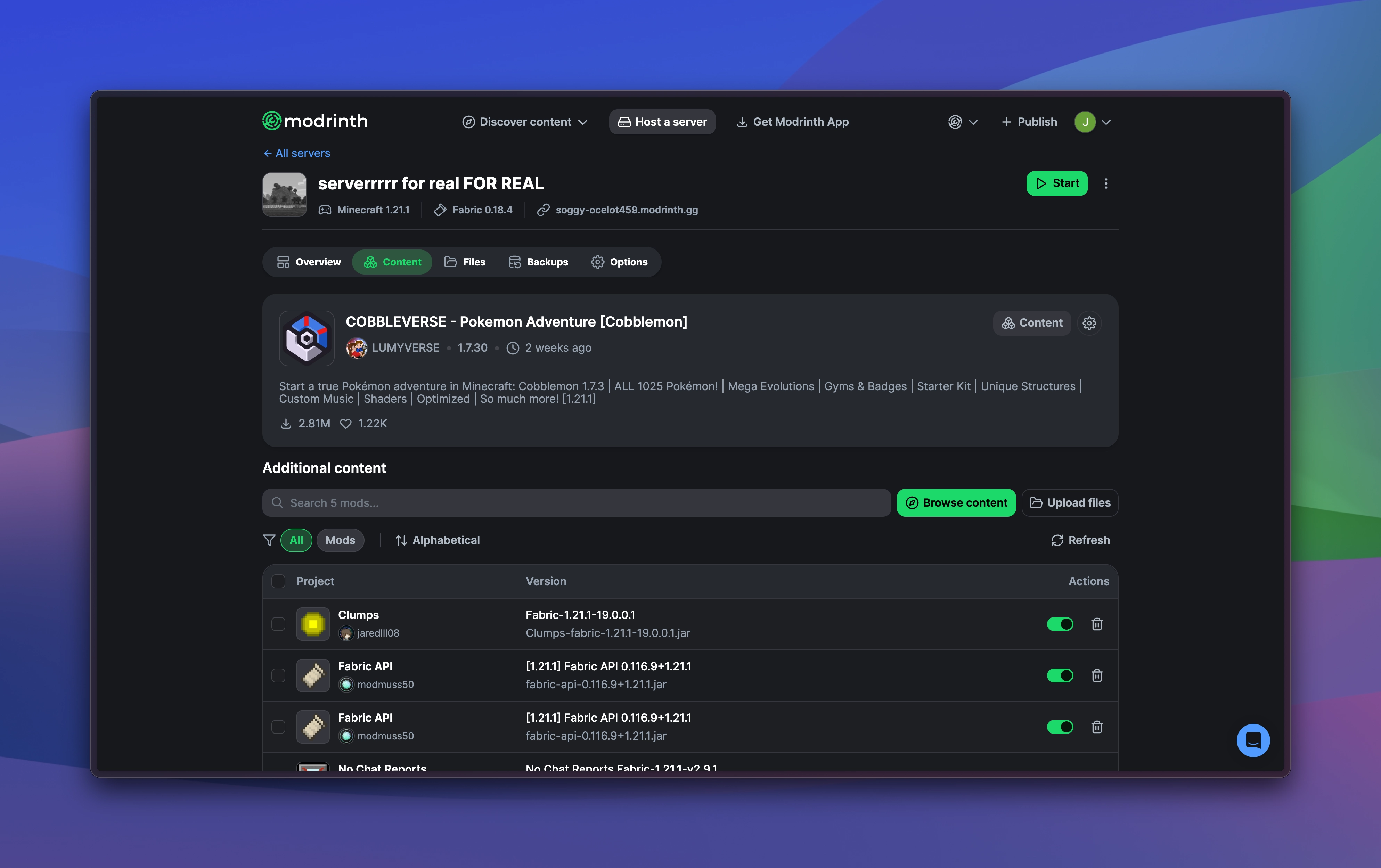 A screenshot of the new overhauled content tab, with a card at the top for the currently installed modpack. It has information about the modpack such as download count, follower count, and tags, and has a button for viewing the content included in the modpack.